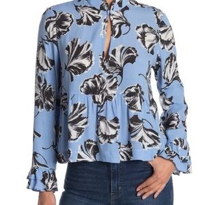 GANNI Blue Floral Keyhole Long Sleeve Blouse